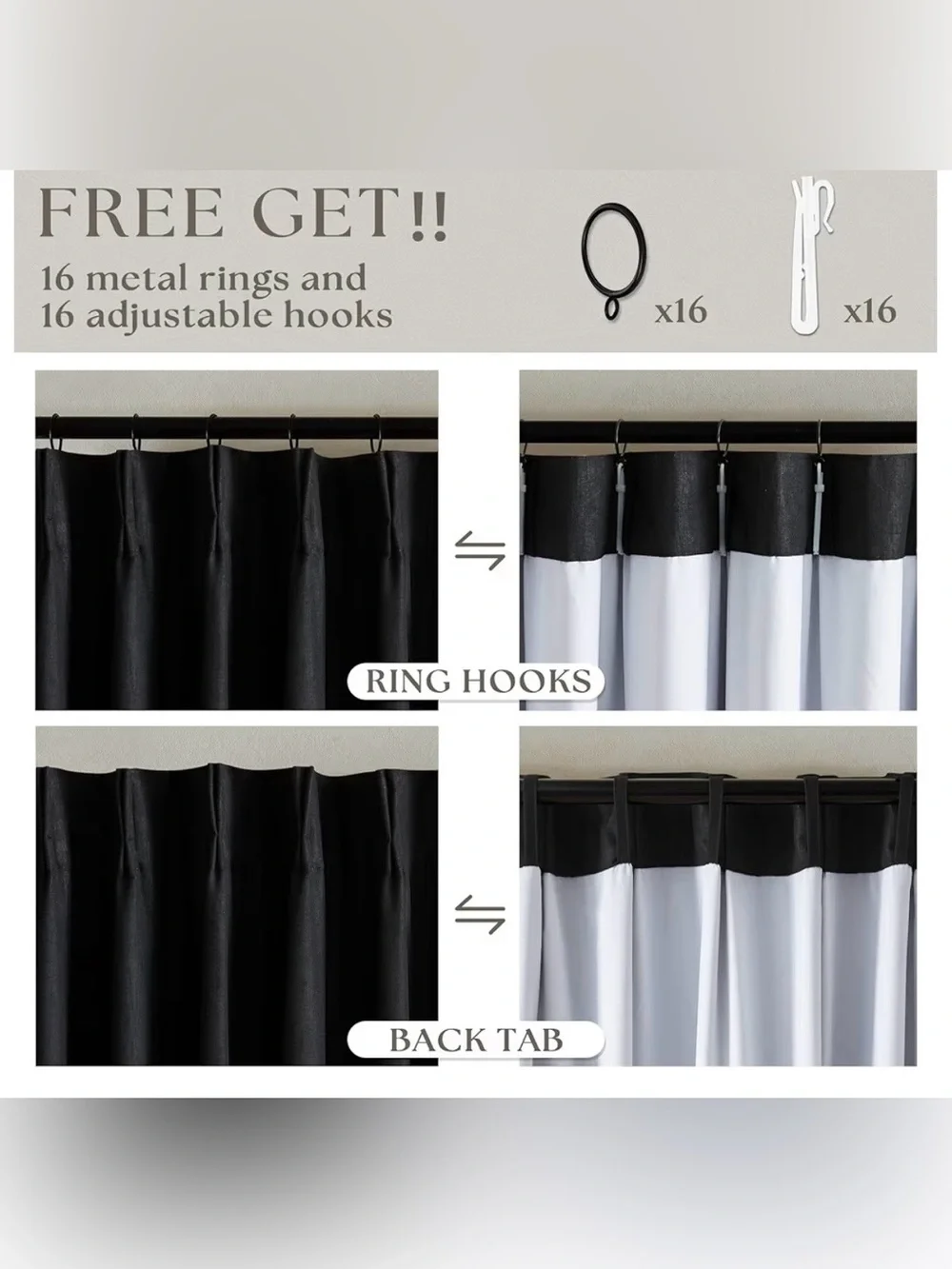 Black Pinch Pleated Linen 100% Blackout Curtains 2 Panels 40x102